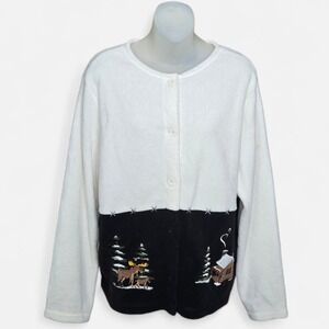 Croft‎ & Barrow Womens Cabin Fleece Cardigan Size Large Winter Lodge Embroidered
